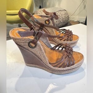 MIA Brown woven open toe Strappy Wedge Sandals 5” heel